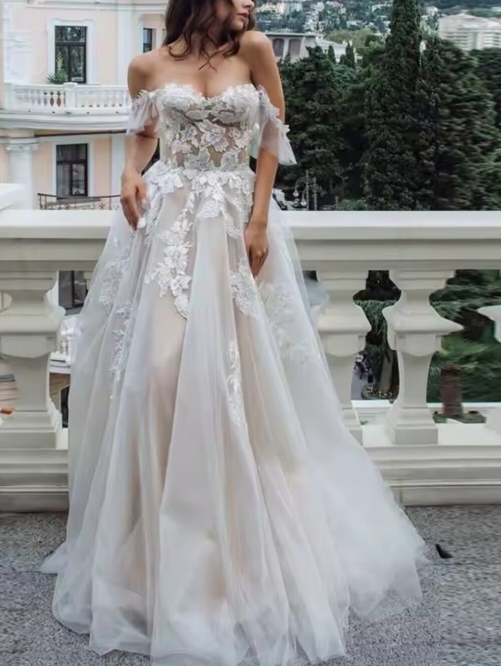 Lace Appliqué Strapless Wedding Dress in Blush